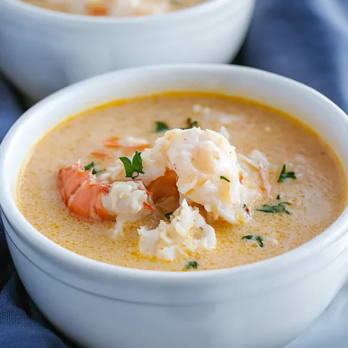 Soup with a golden broth and tender crab pieces, presented on a dark cloth background.
