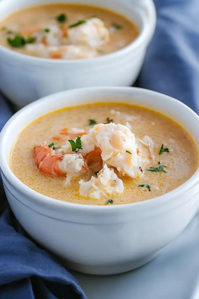 Soup with a golden broth and tender crab pieces, presented on a dark cloth background.
