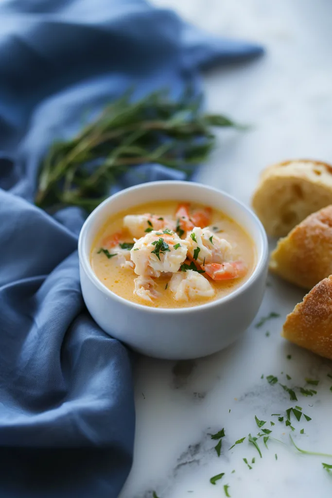 Final presentation of a creamy crab soup with vibrant garnish in matching bowls.