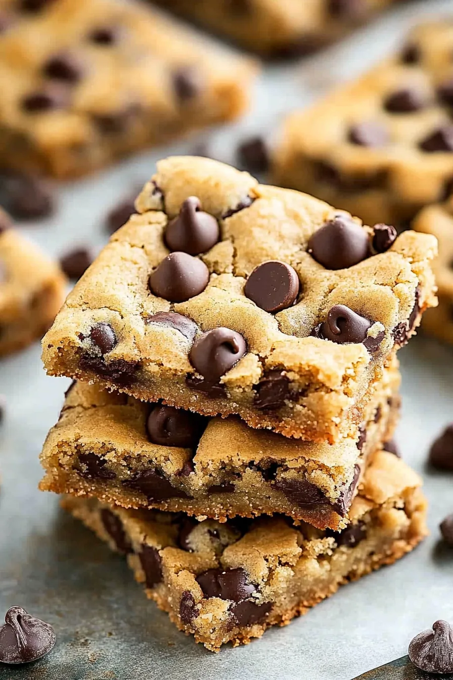 Stack of golden cookie bars with melted chocolate chips.
