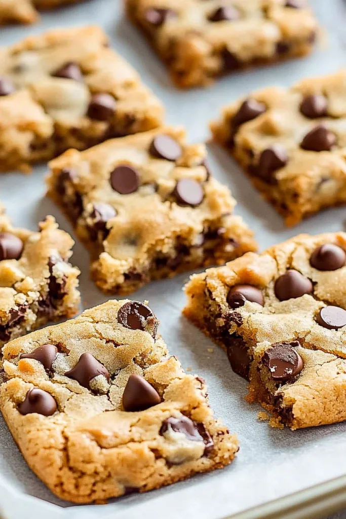 Freshly baked cookie bars scattered with extra chocolate chips.