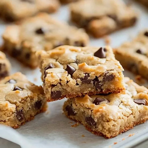Sheet Pan Chocolate Chip Cookies cut into chewy squares.