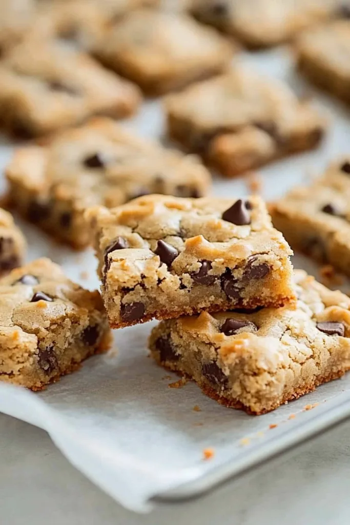 Sheet Pan Chocolate Chip Cookies cut into chewy squares.
