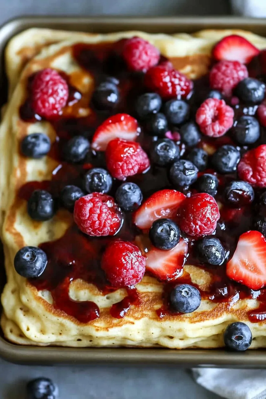 Close-up of fluffy baked pancake pieces dusted with powdered sugar and garnished with fruit.