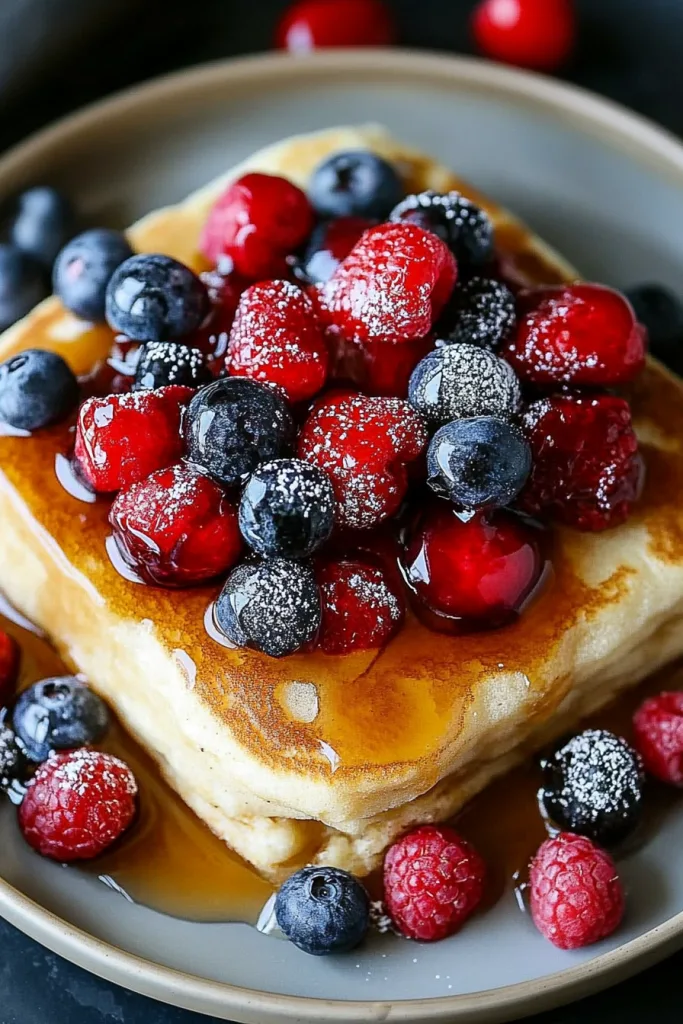 Rustic presentation of baked pancake squares with vibrant blueberries and raspberries on top.