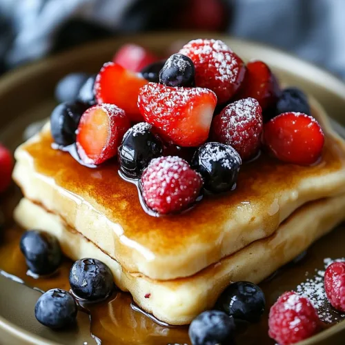 Golden-brown pancakes cut into squares, topped with fresh berries and a drizzle of syrup.
