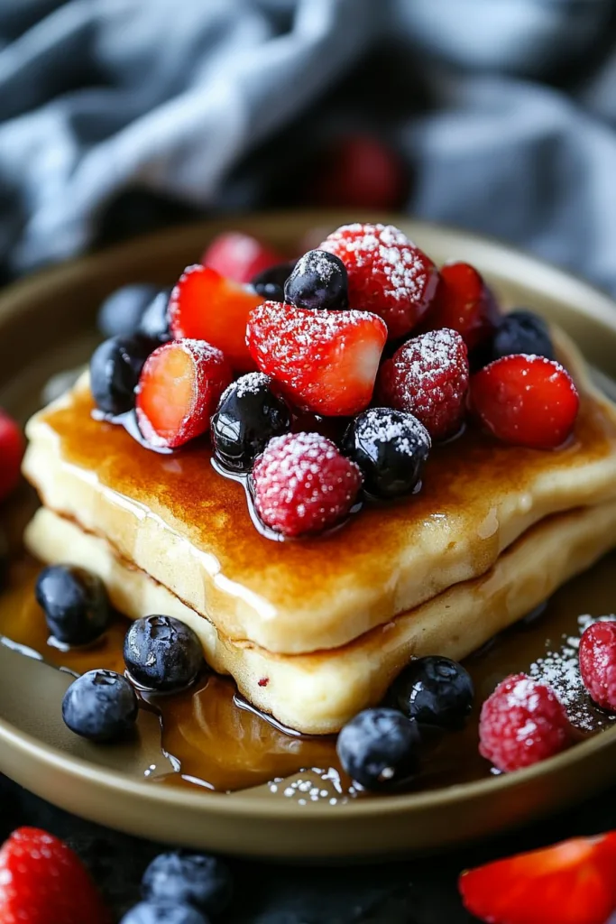 Golden-brown pancakes cut into squares, topped with fresh berries and a drizzle of syrup.