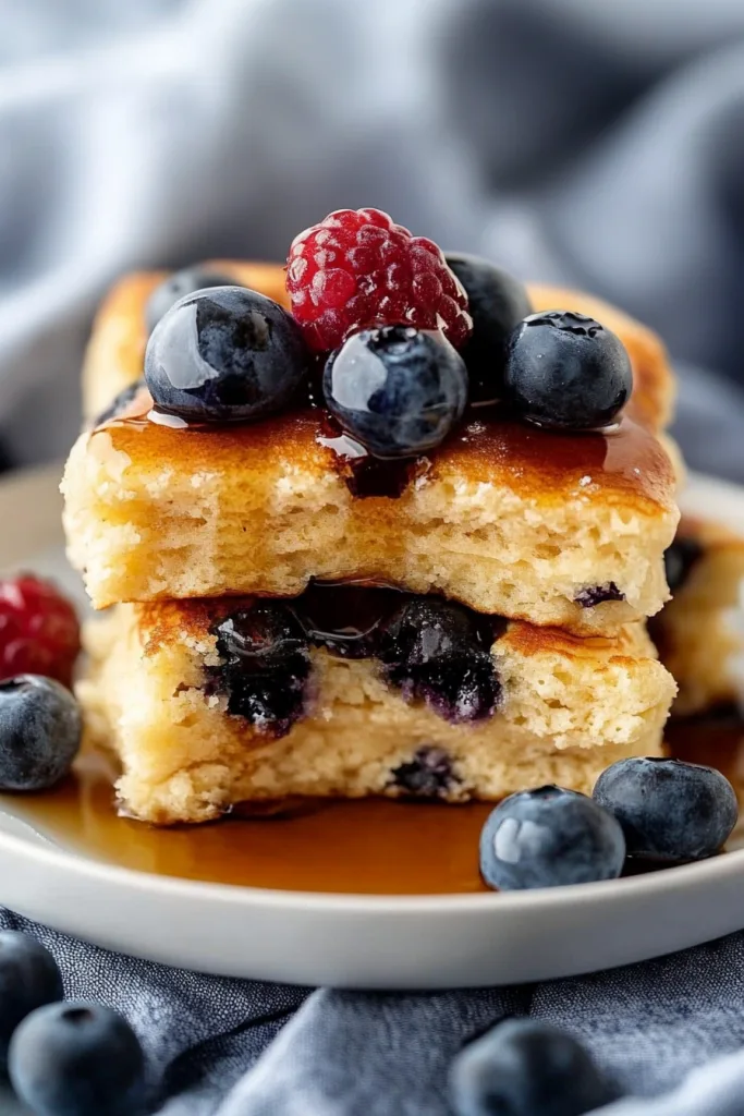 Stacked sheet pan slices showing soft texture, syrup dripping down the sides.