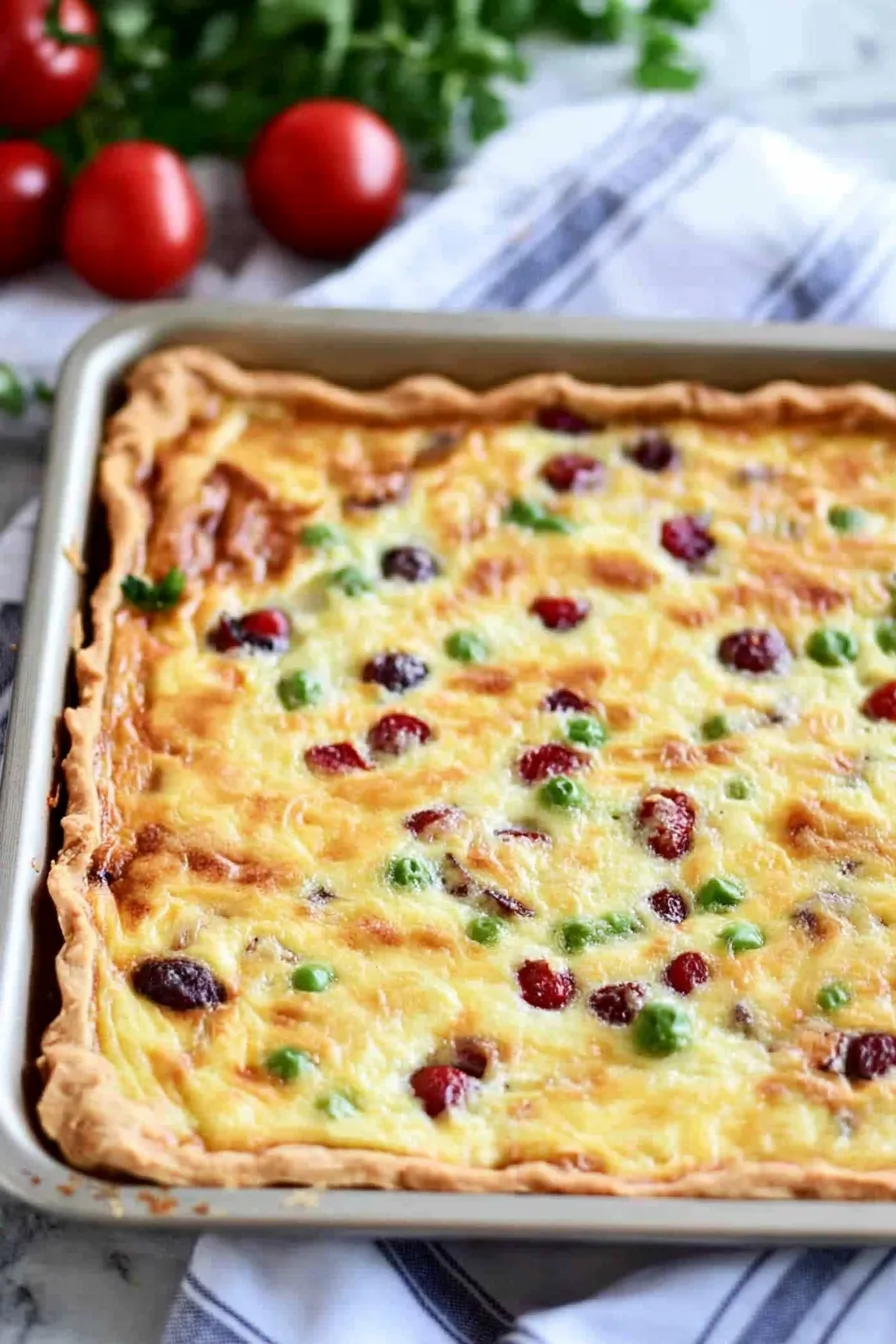 Golden-brown quiche baked in a rectangular pan with colorful vegetables.