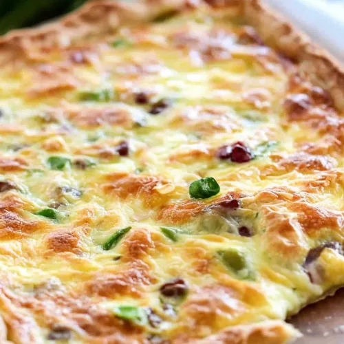 Freshly baked quiche showing crisp crust edges and glossy surface.