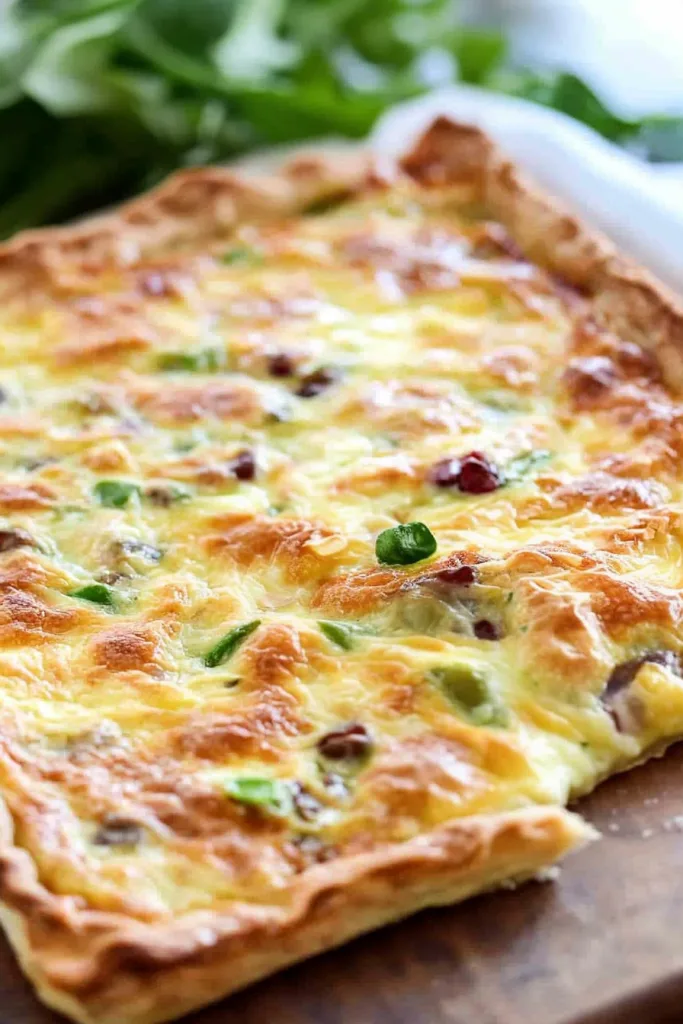 Freshly baked quiche showing crisp crust edges and glossy surface.