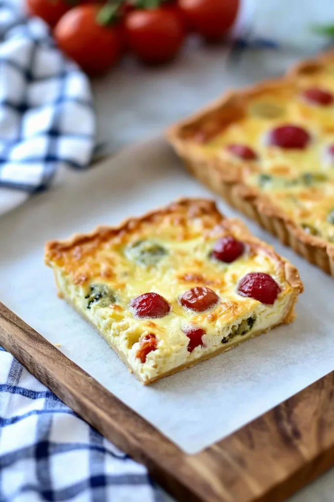 Slice of quiche with golden crust and creamy filling on parchment paper.