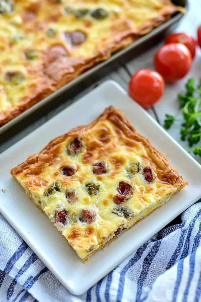 Savory tart highlighting crisp edges and colorful vegetable pieces.