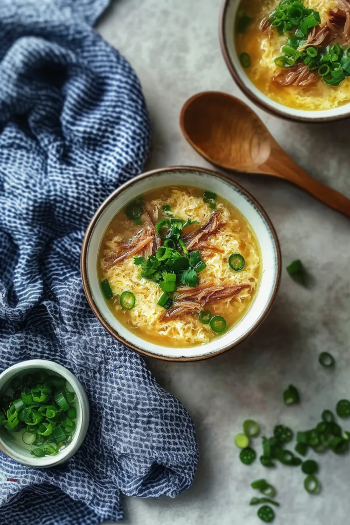 Rustic presentation of soup on dark cloth, emphasizing rich golden tones
