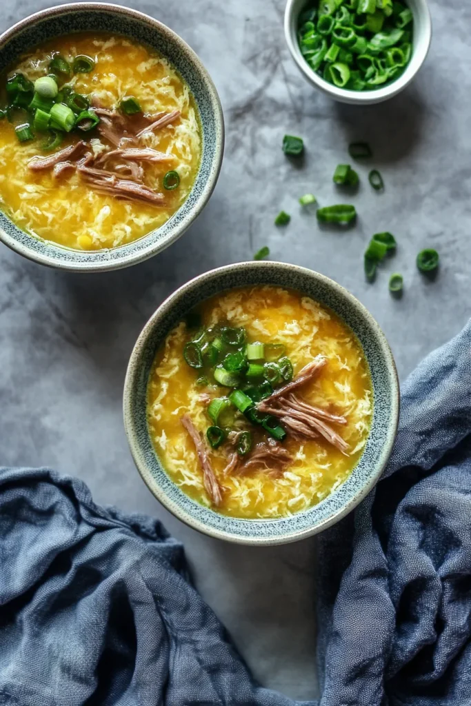 Savory broth with tender egg ribbons and vibrant toppings