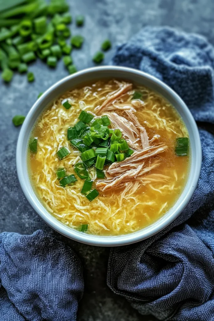 Golden broth with delicate egg strands and fresh green onion garnish