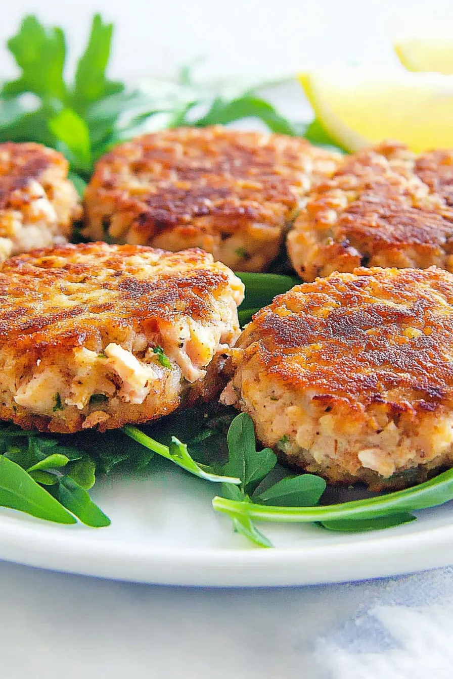 Freshly cooked salmon patties resting on a bed of parsley, ready to serve.