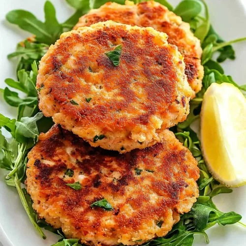 Close-up of seared salmon cakes showing their browned, textured surface.