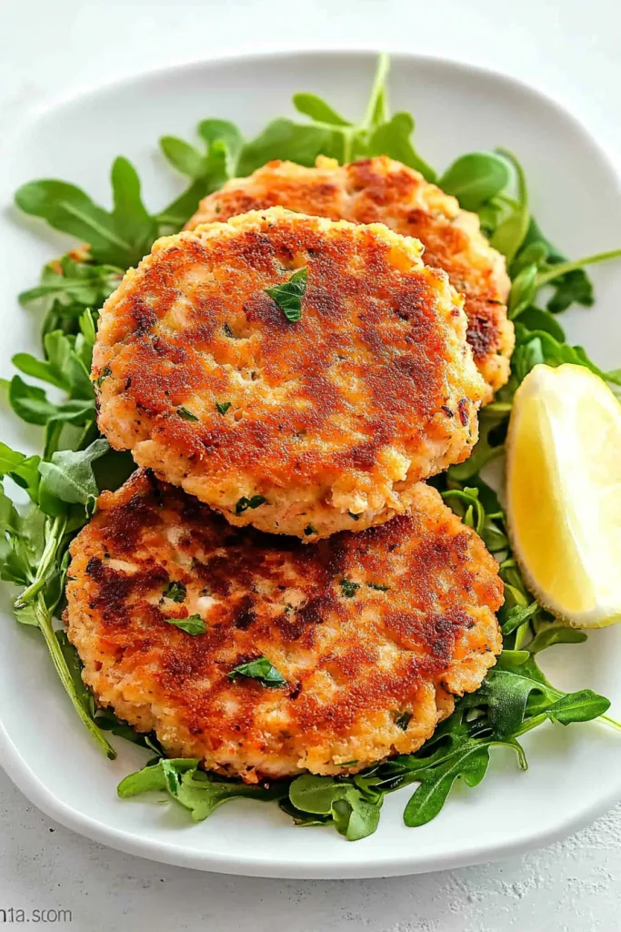 Close-up of seared salmon cakes showing their browned, textured surface.
