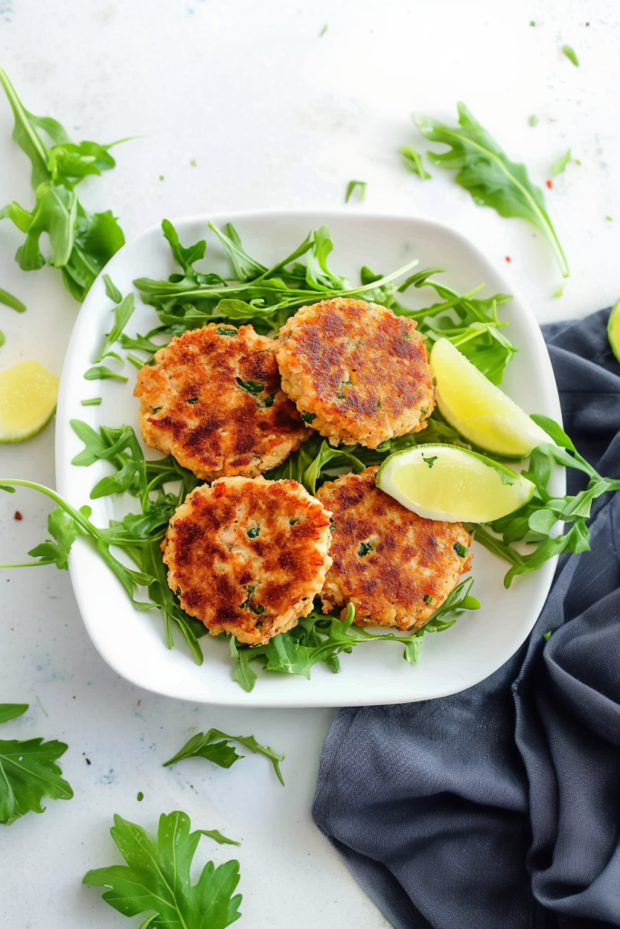 Plate of salmon patties served with lemon wedges and leafy greens.