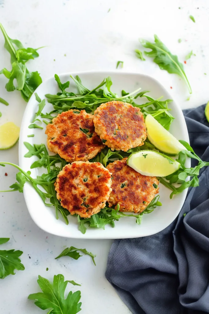 Plate of salmon patties served with lemon wedges and leafy greens.