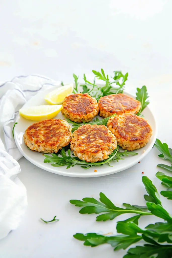 Crispy golden salmon patties arranged on a white plate with fresh herbs.