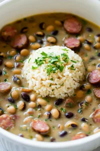 Hearty stew with beans, sausage slices, and vegetables served over rice