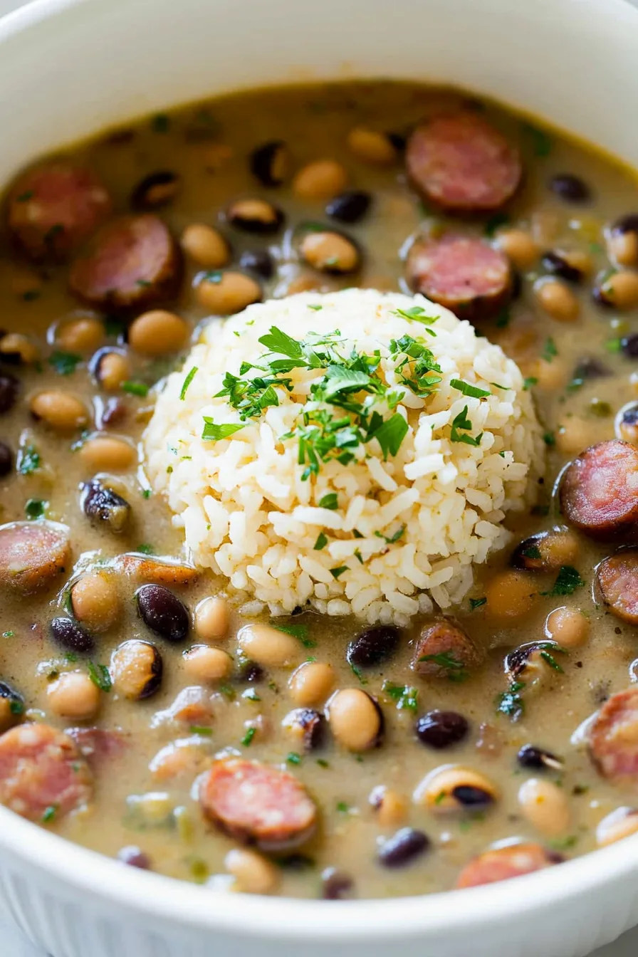 Hearty stew with beans, sausage slices, and vegetables served over rice