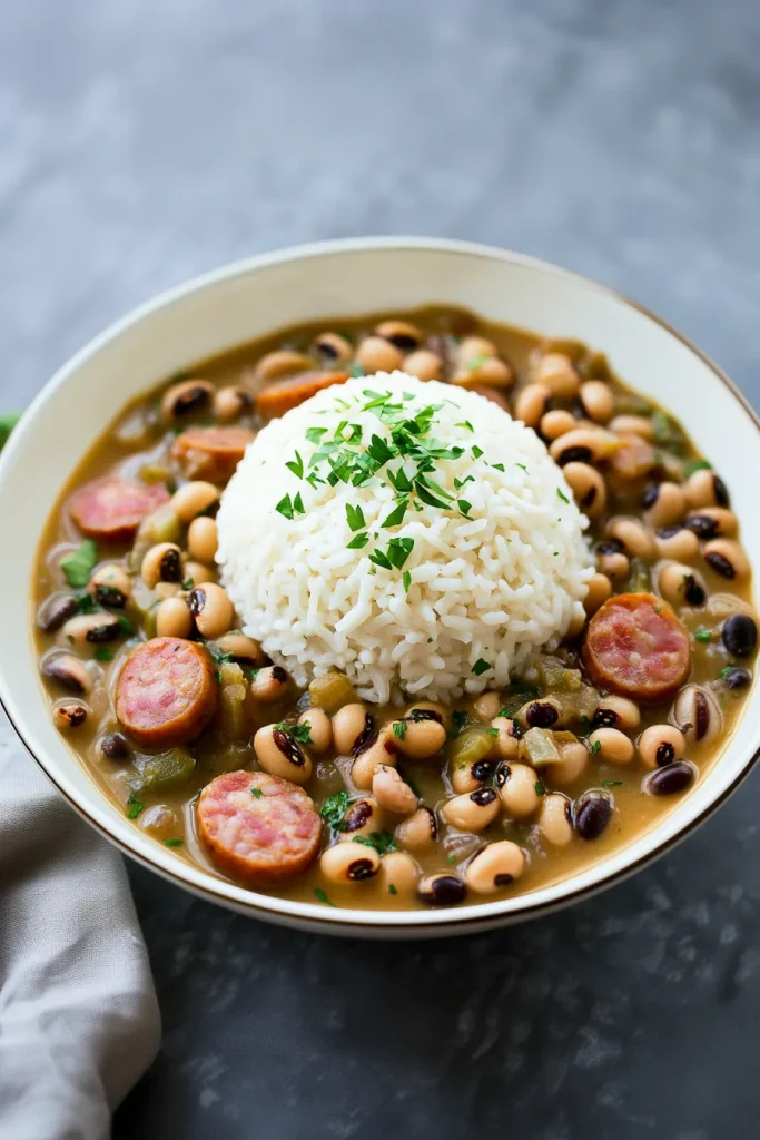 Comfort food presentation with rice mound topped by fresh herbs