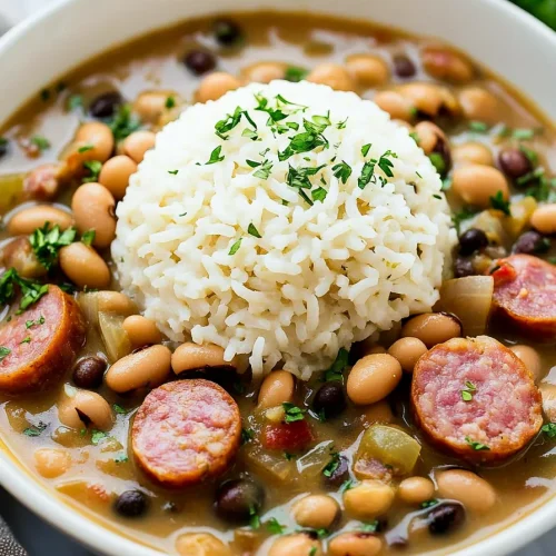 Warm, savory meal with beans, peppers, and onions in golden broth
