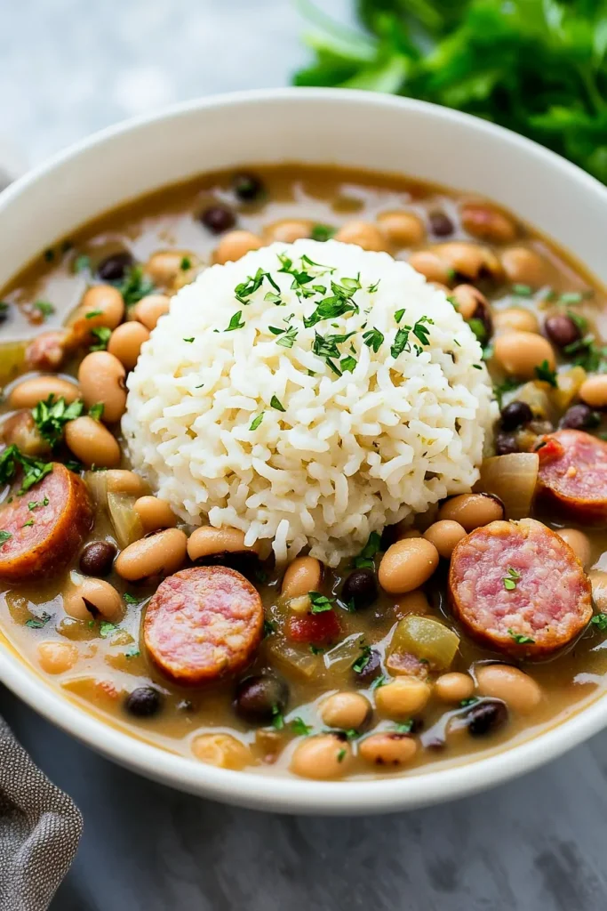 Warm, savory meal with beans, peppers, and onions in golden broth