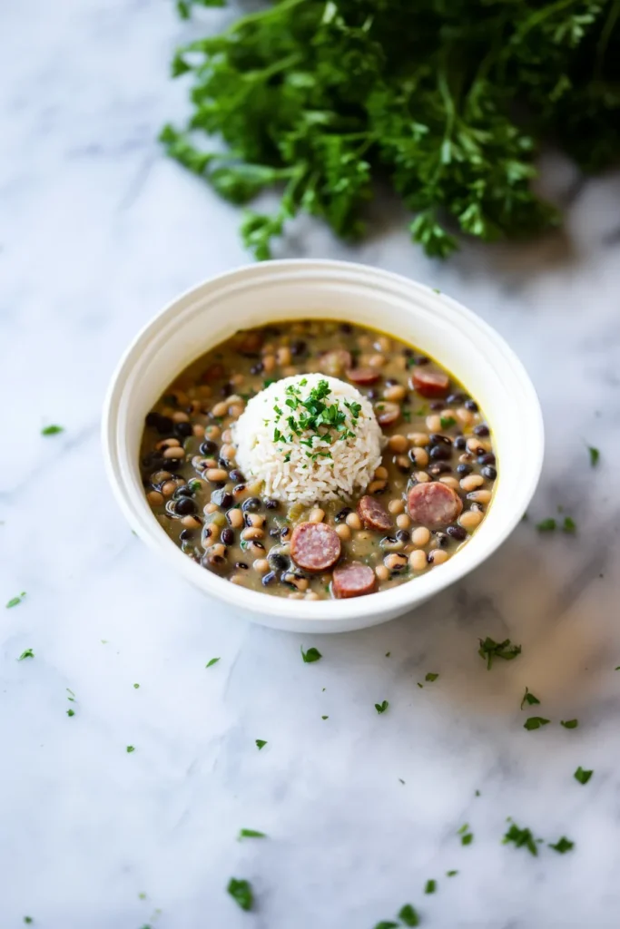 Rustic bowl of bean and sausage dish showing rich texture