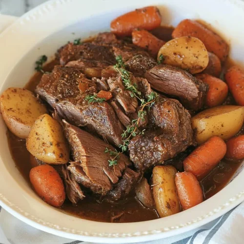 Rustic presentation of pot roast with golden potatoes and carrots.