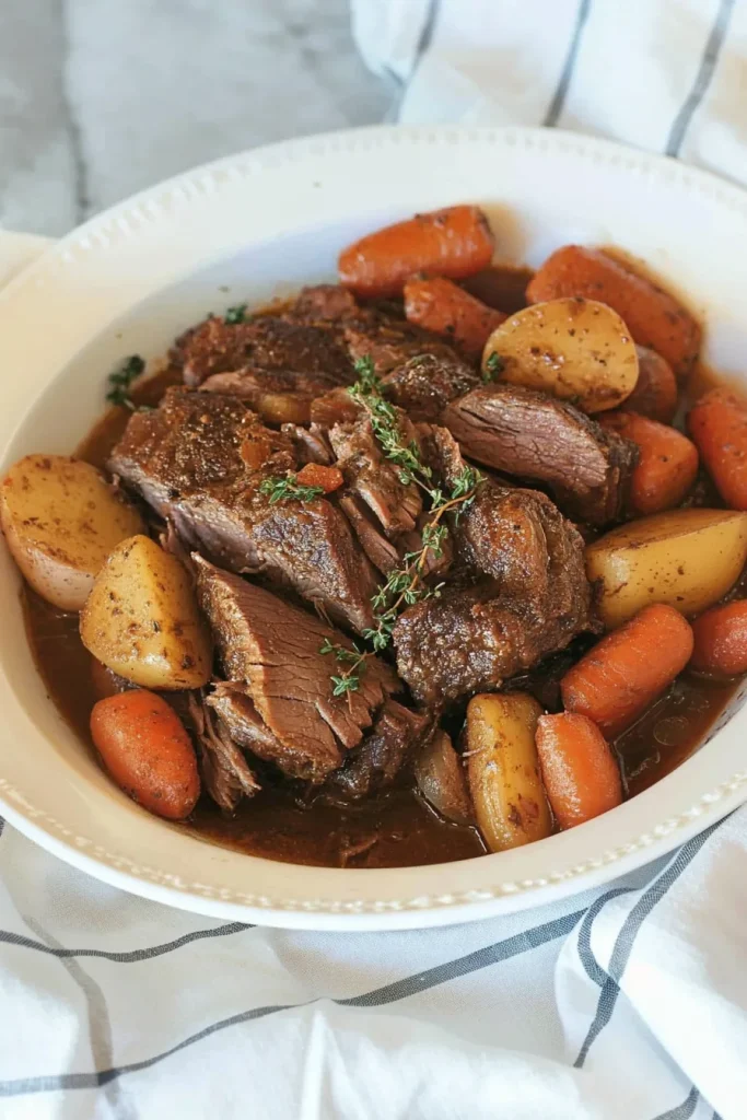 Rustic presentation of pot roast with golden potatoes and carrots.