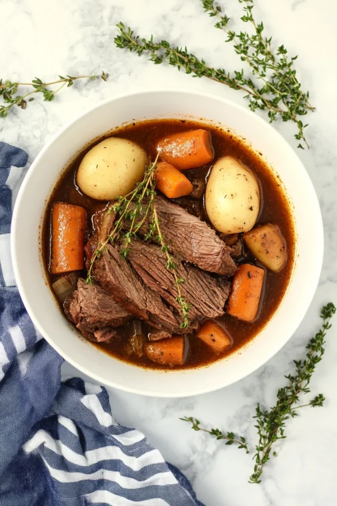 Hearty beef and vegetable dish served in a white bowl.