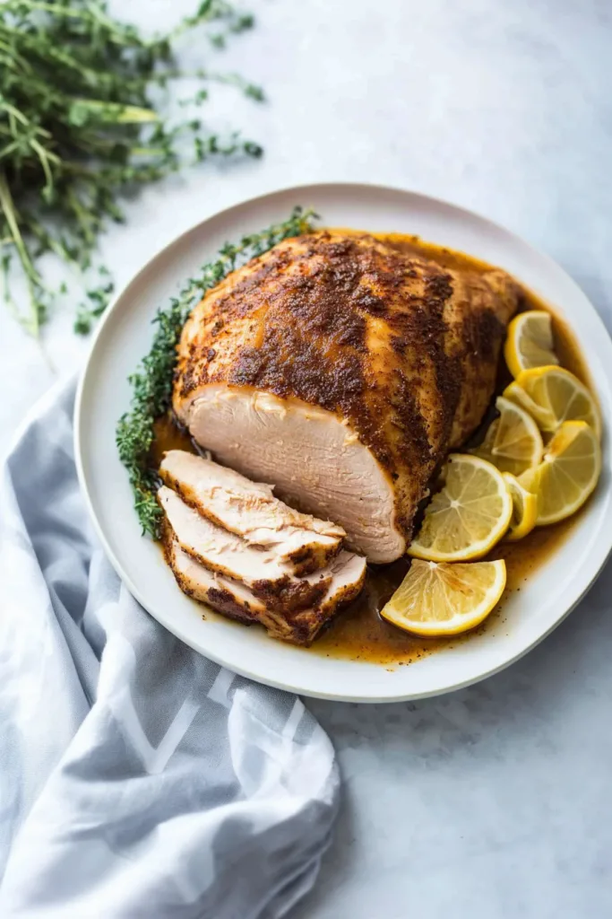 Juicy turkey roast surrounded by thyme sprigs.