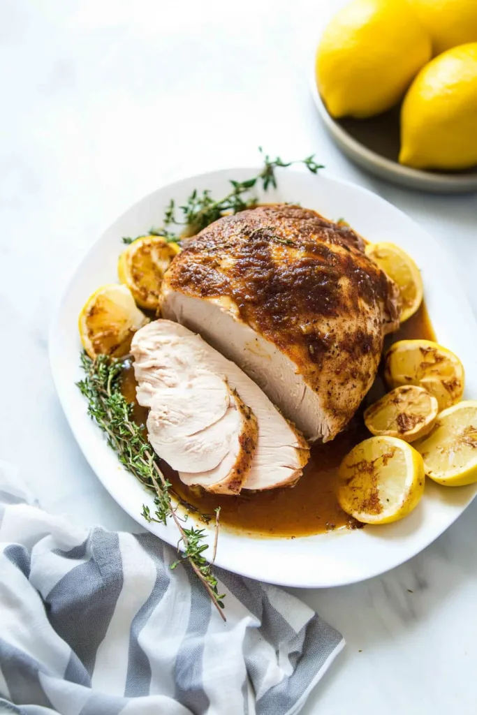 Carved turkey breast on a plate with lemon garnish.