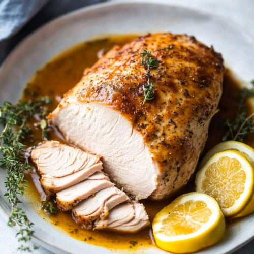 Roasted turkey breast with golden crust and fresh herbs.