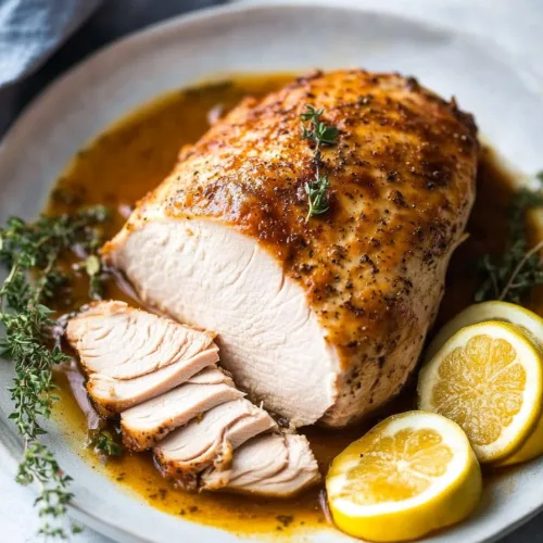 Roasted turkey breast with golden crust and fresh herbs.