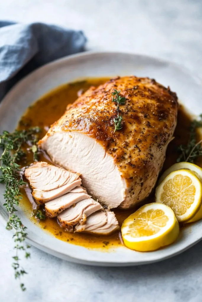 Roasted turkey breast with golden crust and fresh herbs.