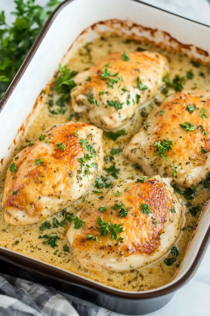 Tender chicken covered in sour cream sauce and melted cheese, ready to eat.