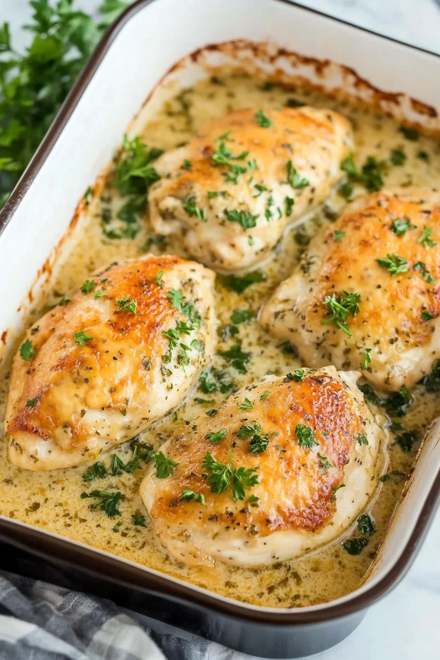 Tender chicken covered in sour cream sauce and melted cheese, ready to eat.