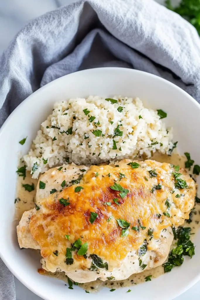 Chicken breast topped with melted cheese and fresh herbs, served alongside cauliflower rice.