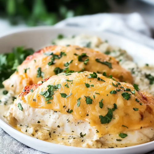 Plated chicken dish with rich, gooey cheese and herb garnish, presented on a light napkin.