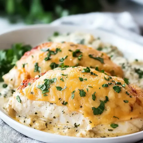 Plated chicken dish with rich, gooey cheese and herb garnish, presented on a light napkin.