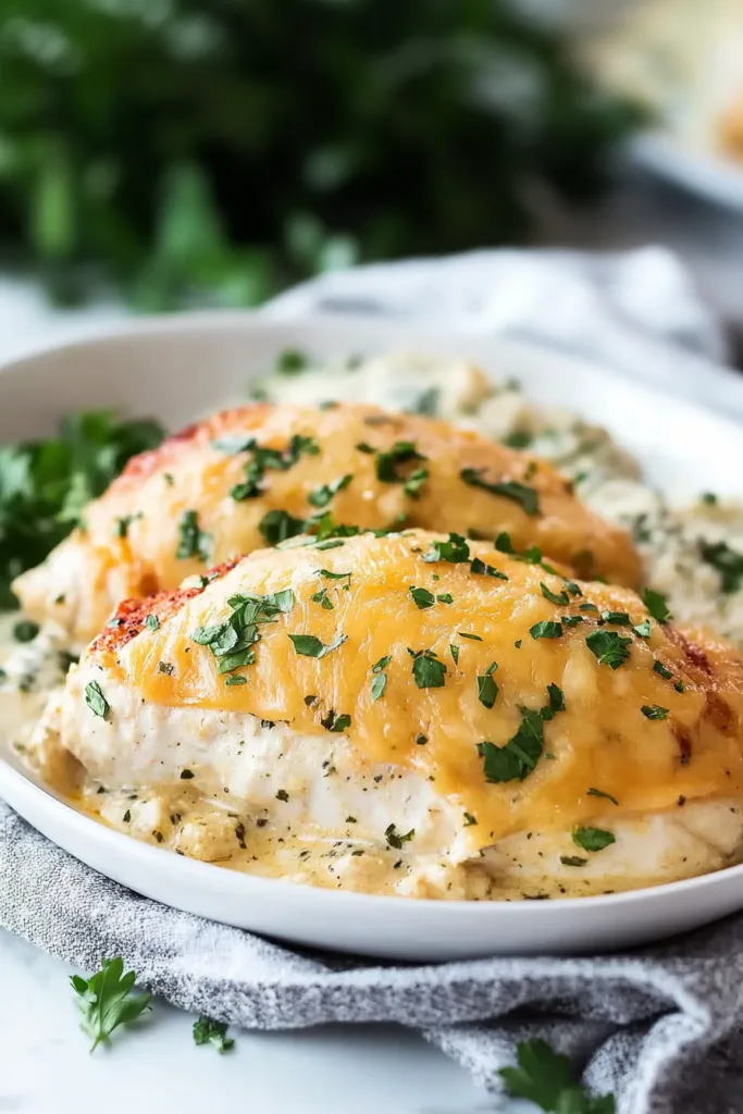 Plated chicken dish with rich, gooey cheese and herb garnish, presented on a light napkin.