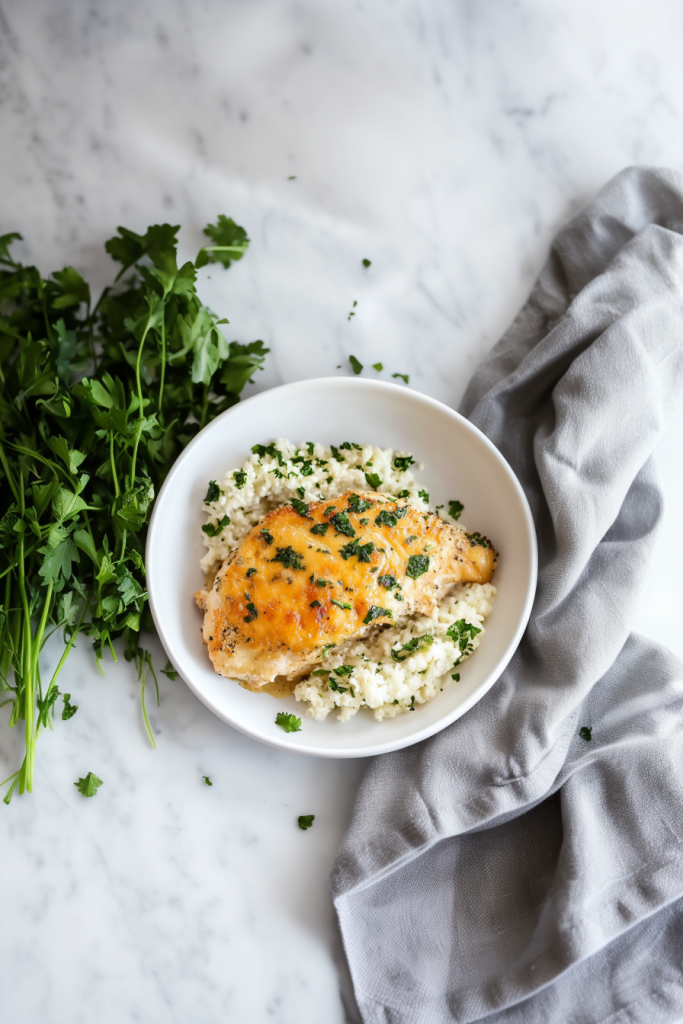 Golden baked chicken with creamy topping, plated in a white bowl.