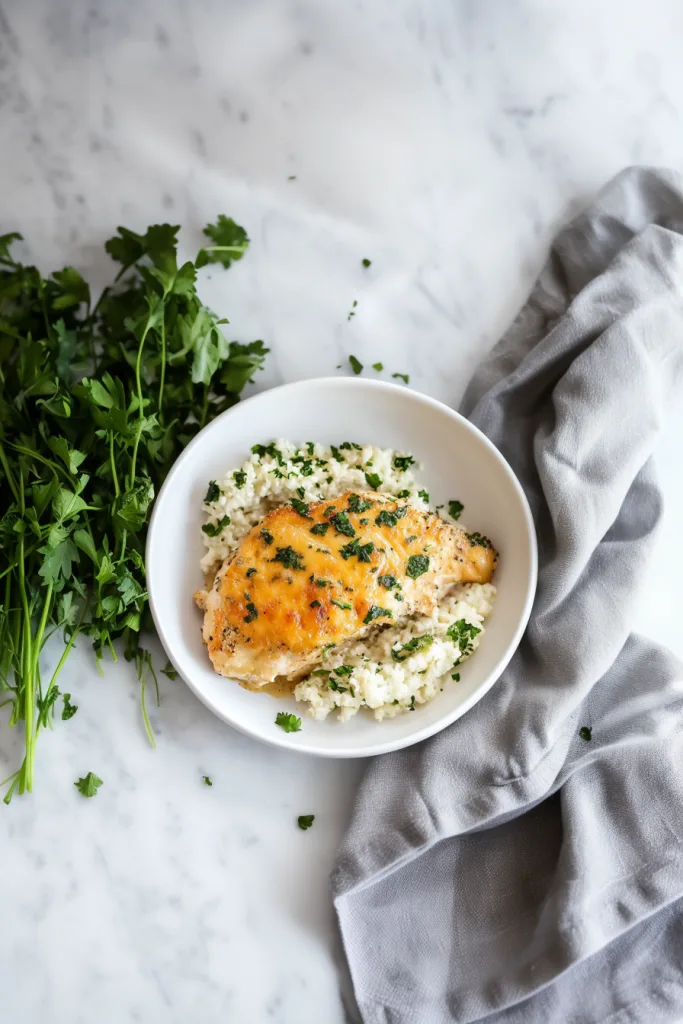 Golden baked chicken with creamy topping, plated in a white bowl.