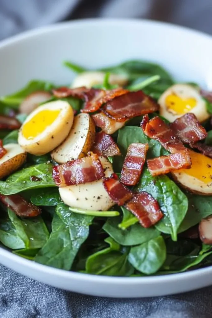 Final dish of spinach salad with warm bacon dressing, served simply in a bowl.