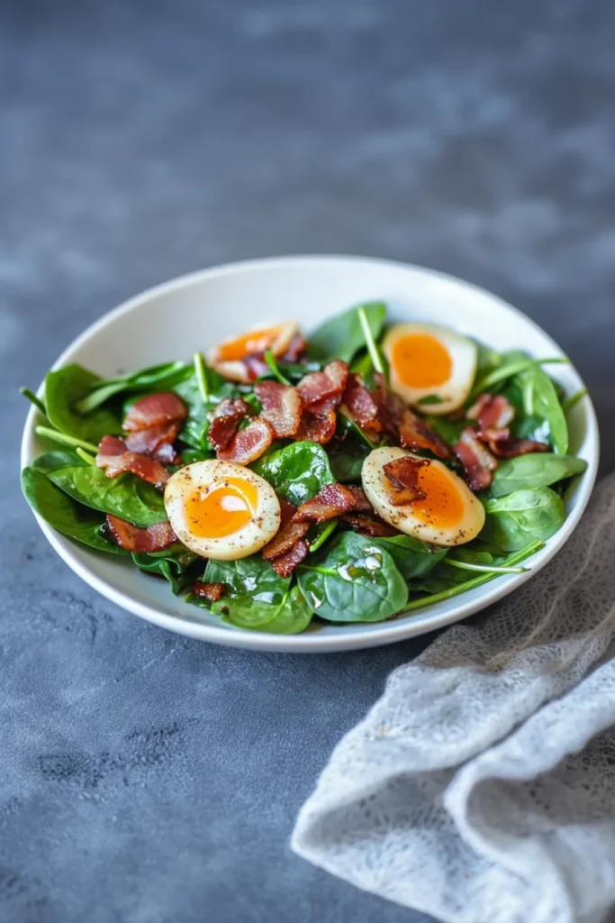 Hearty spinach salad highlighting the contrast of golden yolks and green leaves.